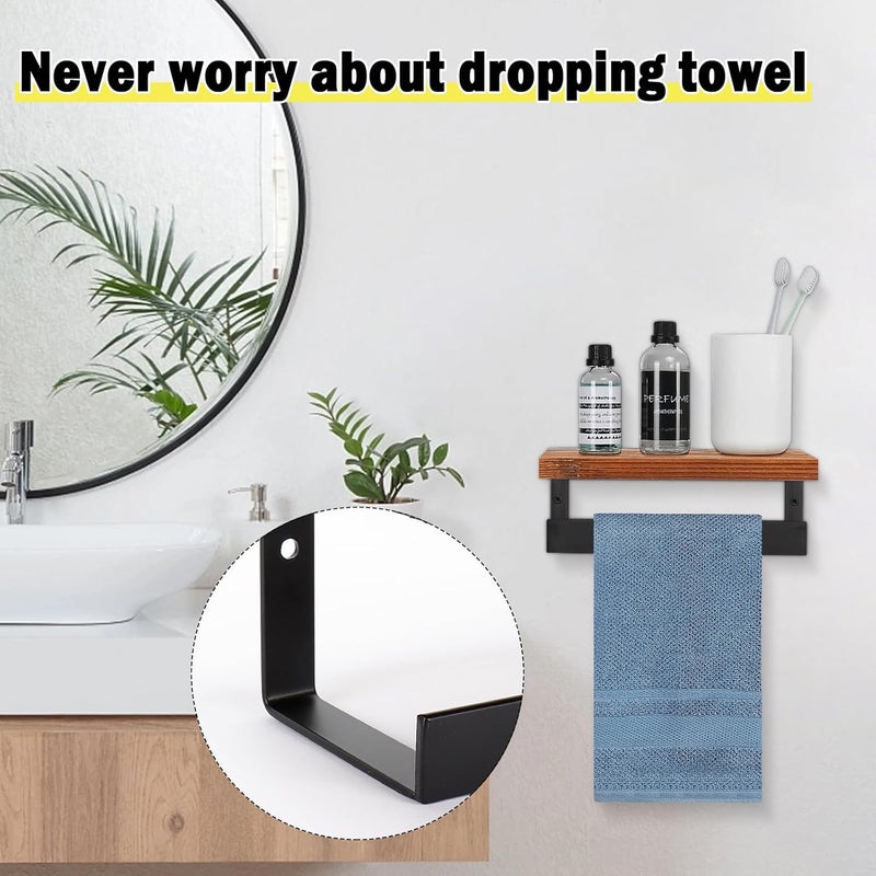 Winmien Hand Towel Holder/Towel Ring with Wooden Shelf, Hand Towel Rack, Hand Towel Hanger for Bathroom, Bath Accessories Wall Mounted, Matte Black (9"-Squ Shaped) - Image 4